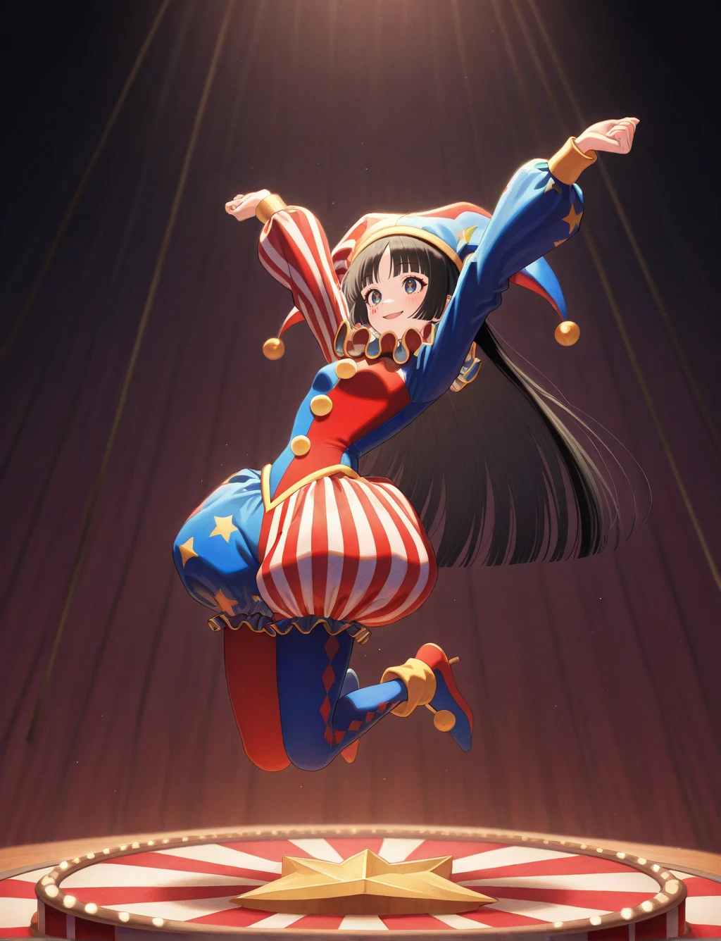 masterpiece,best quality,higres illustration,detailed face,1girl,<lora:IL_circus:1>,circus,smile,jester girl,jumping,black straight hair,open mouth,