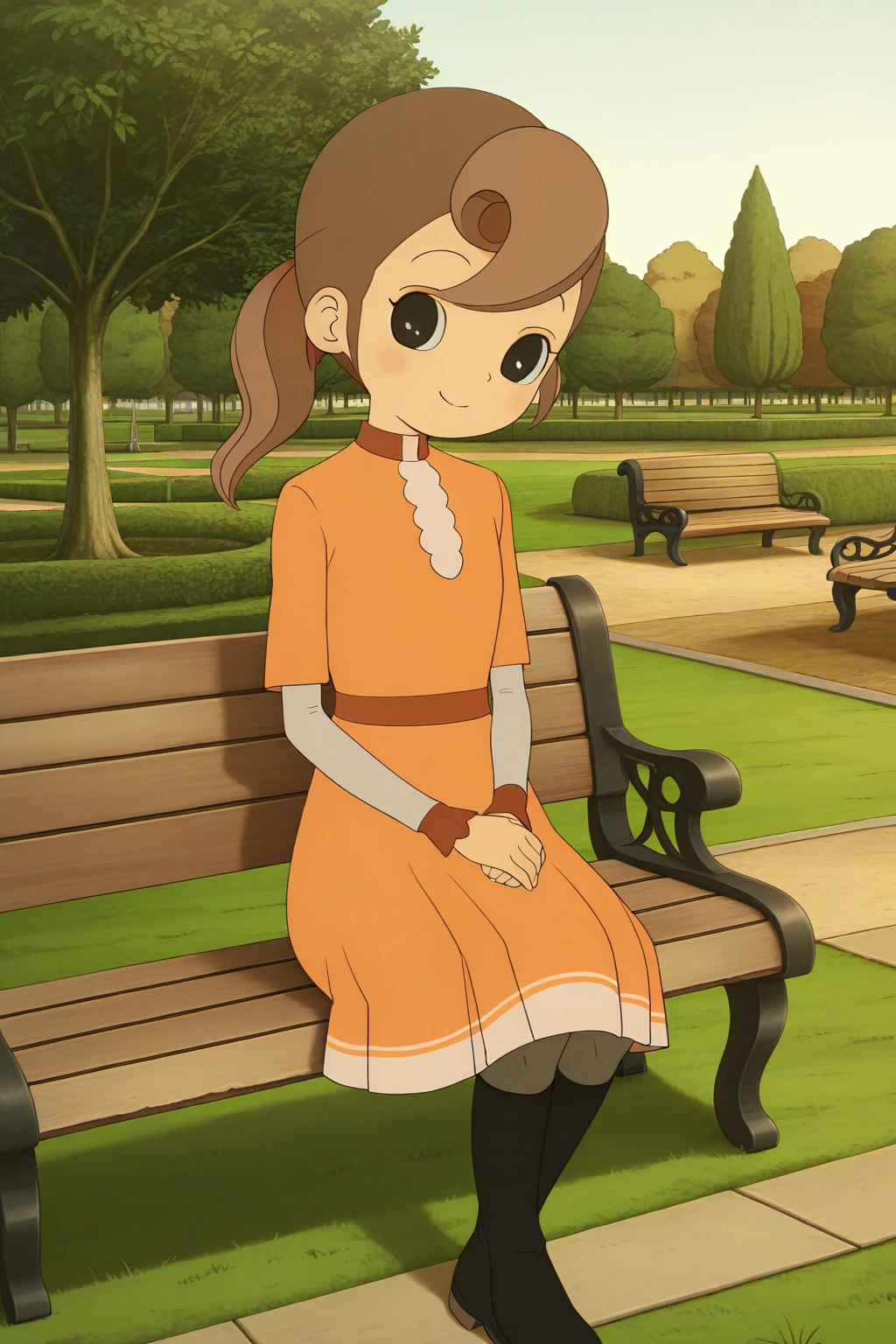 masterpiece, best quality, amazing quality, absurdres, solo, florareinhold, smile, closed mouth, own hands together, looking at viewer, brown hair, black eyes, orange dress, black knee boots, outdoors, park, grass, bench