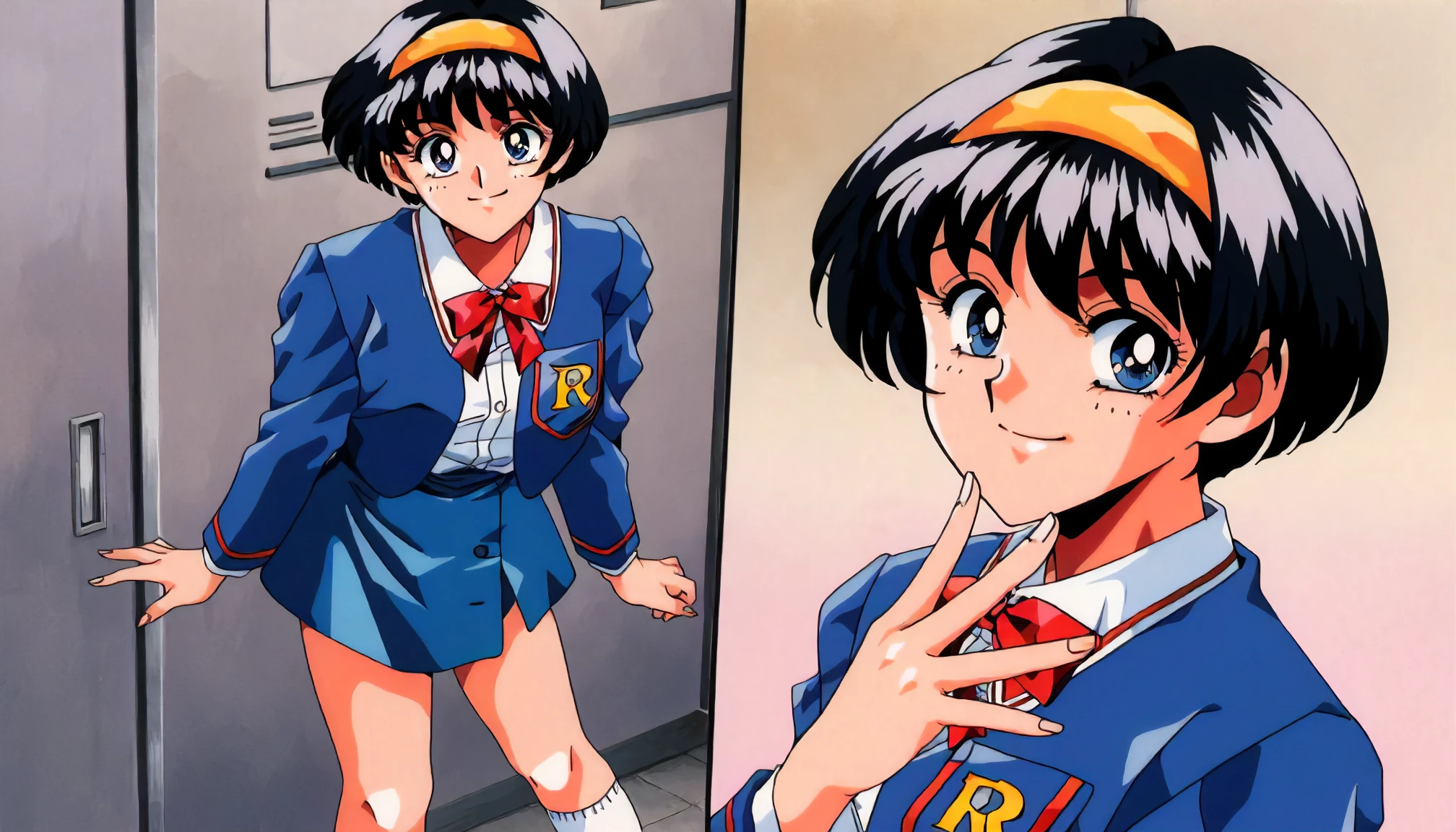 <lora:FR2_makihara_hitomiXLIllustrious001>,
masterpiece,best quality,good quality,newest,
detailed background,glitter,
smile,
looking at viewer,
solo,
anime coloring,retro artstyle,1990s \(style\),
makihara_hitomi\(final romance2\),1girl,black hair,berry short hair,hair band,blue eyes,
blue blazer,bowtie,emblem,white shirt,long_sleeves,blue skirt,
kneehighs,white socks,loafers,
standing,