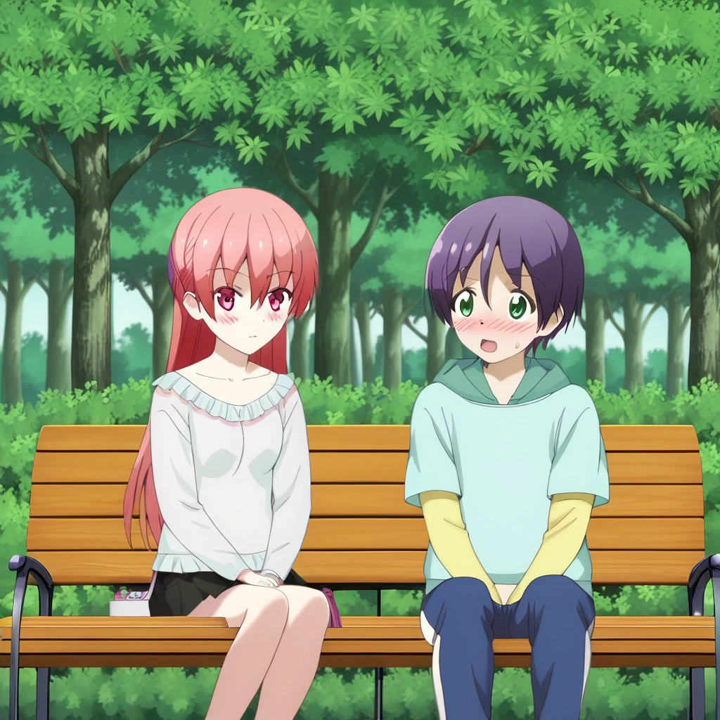 best quality, masterpiece, break, nasa_with_tsukasa, 1boy, 1girl, sitting, bench, outdoors, looking_at_viewer, blush,