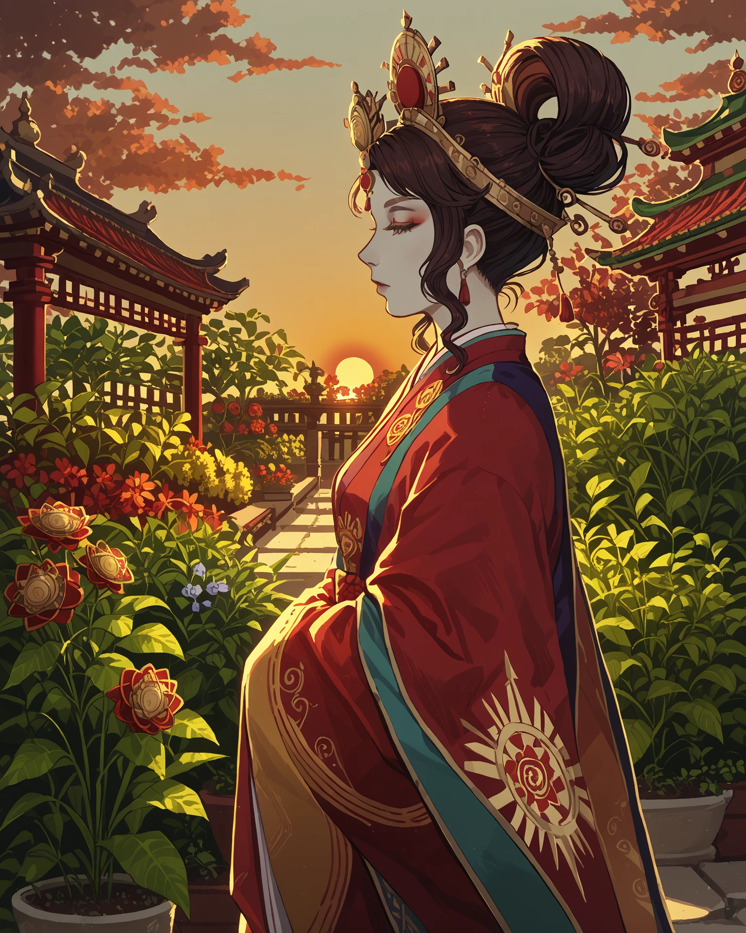 1girl, amateco, profile, garden, sunset, hands behind back, ornate, masterpiece, highest quality, absurdres, digital art, score_9, score_8_up, score_7_up, <lora:AmaterasuCore_XL-000011:1.1>,  <lora:DKXLP:1> DK