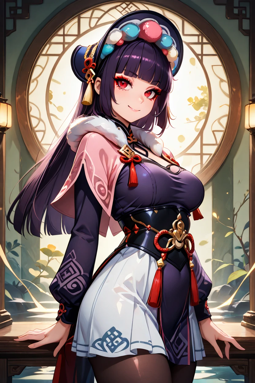 masterpiece, best quality, solo, curvy, beautiful eyes,,<lora:YunjinGenshinIXL:1.0>, zzYunjin, red eyes, red eyeshadow, black hair, hair ornament, long hair, purple hair, eyeshadow, blunt bangs, bonnet, long sleeves, dress, capelet, fur trim, makeup, pink capelet, white skirt, pantyhose,  upper body, side view, smile, looking at viewer, shiny skin,<lora:RealisticAnimeIXL_v2:0.6>, shiny skin, bokeh, luminescent background,