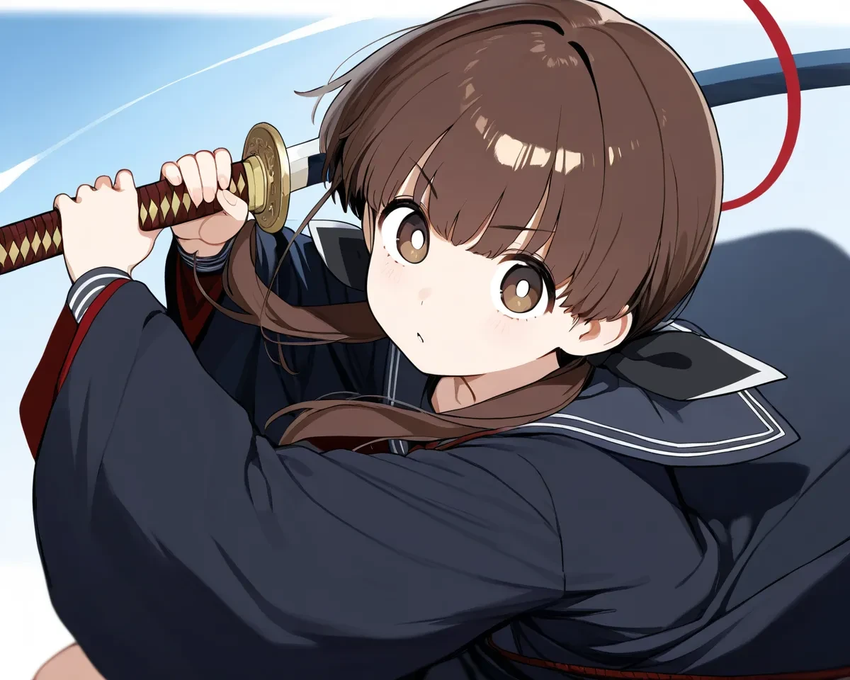 masterpiece, best quality, amazing quality, very aesthetic,
ohitomekohane, 1girl, solo, looking at viewer, 
holding sword, (ootachi, two-handed,:1.1) 
sheath, unsheathed, 
motion blur, attack, incoming attack, 
white pupils, haori, serafuku, 
<lora:kohany01:1>