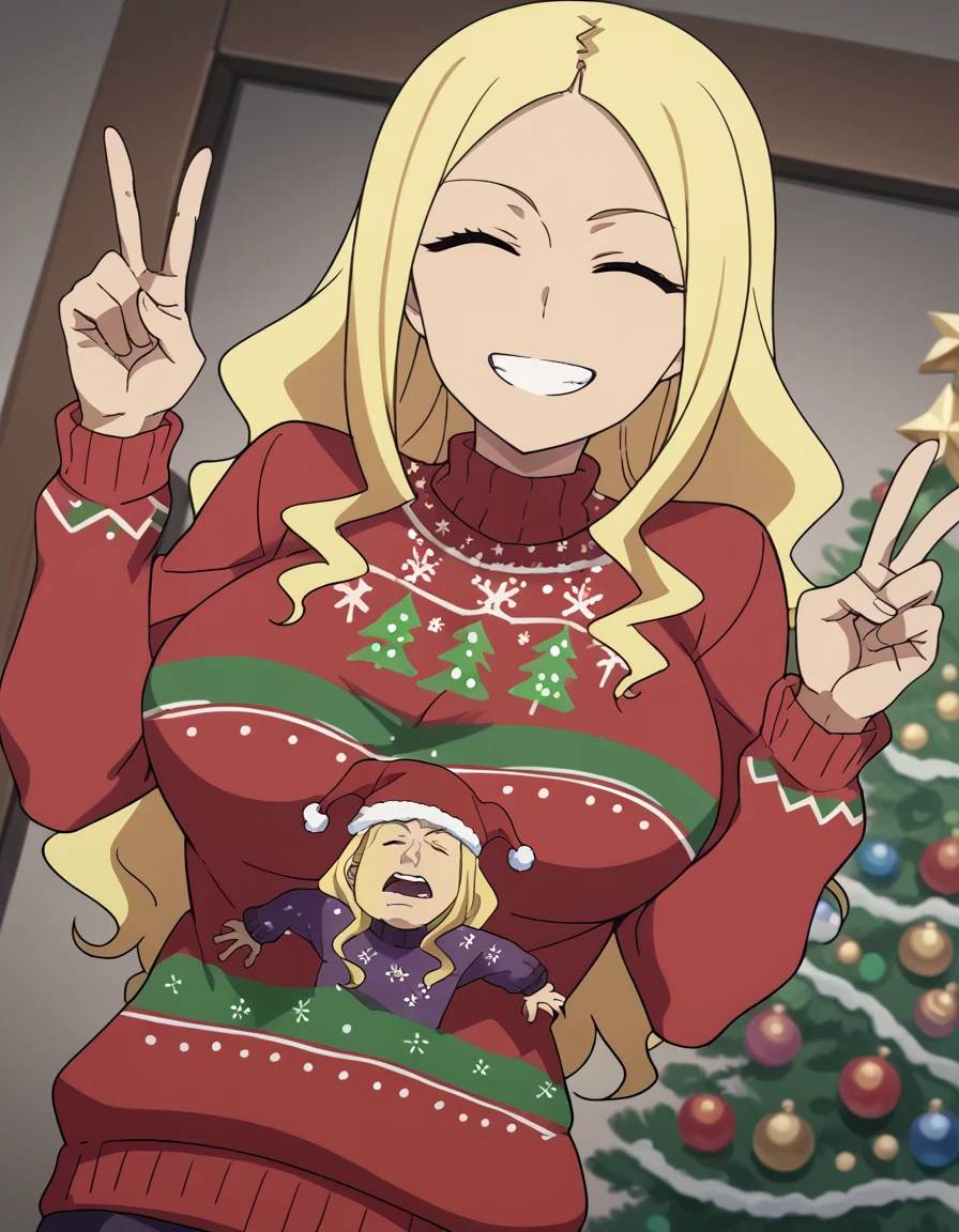 score_9, score_8_up, score_7_up, source_anime, <lora:wydine-uptown-s1-ponyxl-lora-nochekaiser:1>, wydine uptown, long hair, blonde hair, purple eyes, large breasts, anime screencap,, <lora:christmas-sweater-ponyxl-lora-nochekaiser:1>, christmas sweater, christmas, ugly sweater, print sweater, red sweater, christmas tree, christmas ornaments, sweater, multicolored sweater, , v, smile, hands up, teeth, closed eyes, cowboy shot,, , dutch angle, cowboy shot