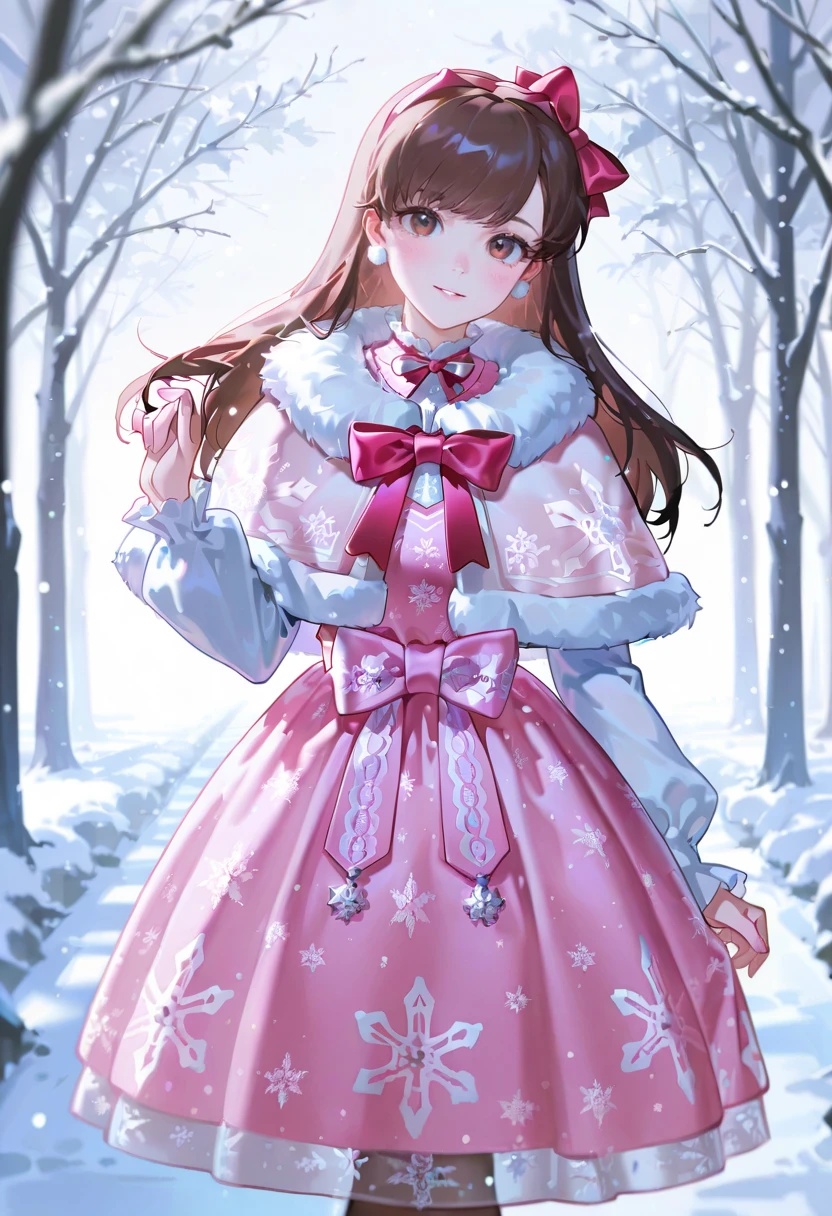 pink smc dress, bow, fur-trimmed capelet,snowflake print,snowing,1girl,solo,konya_karasue,looking at viewer,d.va (overwatch)