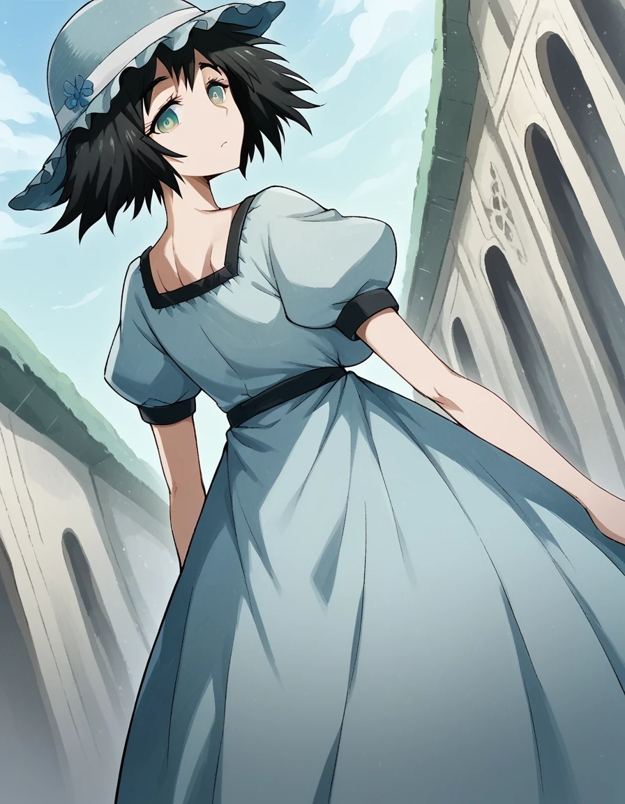 score_9, score_8_up, score_7_up, source_anime, <lora:mayuri-shiina-ingame-ponyxl-lora-nochekaiser:1>, mayuri shiina, black hair, green eyes, messy hair, short hair, hat, blue hat, large breasts,, blue dress, collarbone, dress, puffy short sleeves, puffy sleeves, short sleeves,, museum, exhibits, art, history, visitors, , <lora:shaft-look-ponyxl-lora-nochekaiser:1>, shaft look, looking back, from behind, head tilt,, looking at viewer, solo,, dutch angle, cowboy shot