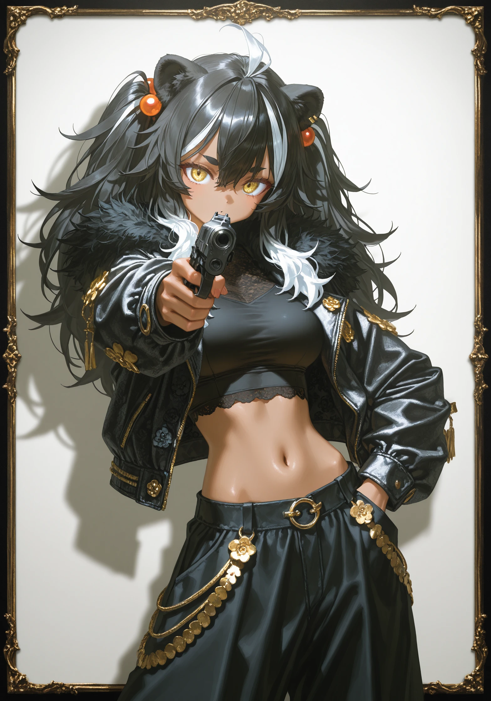 1girl, anime, solo, concept art, very aesthetic, luxury [thug] girl, baggy pants, midriff, (tan skin, dark skin), colored skin, pointing_gun, gun, pointing gun at viewer, handgun, wide stance, looking at viewer, pretty, cute, dot_nose, metallic, gangster style, (anime face), anime wallpaper, anime outlines, black outlines, thick eyebrows, white hair, hair bobbles, long hair, fluffy hair, black hair, streaked hair, hand in pocket, dark skin, tan, lace jacket, open jacket, shirt, undershirt, light and shadow, gold trim, luxury, kawaii style, (lion girl, lion mane:1.2), cream background, artistic poster composition, (floral detail and pattern:1.2), ornate_border, [by quasarcake], rhasta, [reoen], (hiro \(dismaless\)), [[baffu]], year 2023,
dark theme, [cgi], (photo \(medium\):0.8), year 2023, amazing quality, RTX, cinematic light, best quality, amazing quality, very aesthetic, absurdres