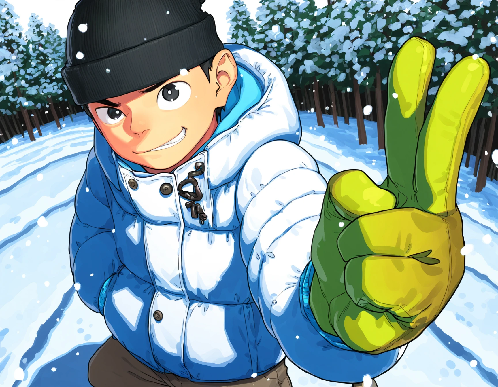 masterpiece, best quality, shounenzoom-style, 2015s, outdoors, forest, winter, snowing, trees, fisheye, foreshortening, upper body BREAK 1boy, solo, black hair, black eyes, beanie, snow jacket, pants, gloves, looking up at viewer, smirk, peace sign <lora:shounen_zoom-naixl-v7Nc-ShoAI:1>