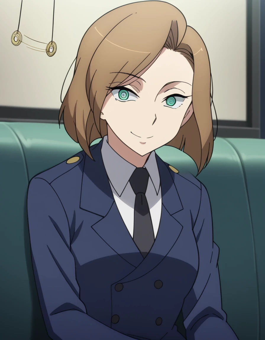 score_9, score_8_up, score_7_up, source_anime, <lora:darzana-magbaredge-s1-ponyxl-lora-nochekaiser:1>, darzana magbaredge, short hair, brown hair, green eyes, mole, medium breasts, anime screencap,, necktie, uniform, formal, suit, living room, television, couch, popcorn, watching movie, night time, sitting, smile, <lora:pendulum-ponyxl-lora-nochekaiser:1>, pendulum, holed coin, coin on string, hypnosis, mind control, coin, @ @,, looking at viewer, solo,, dutch angle, cowboy shot