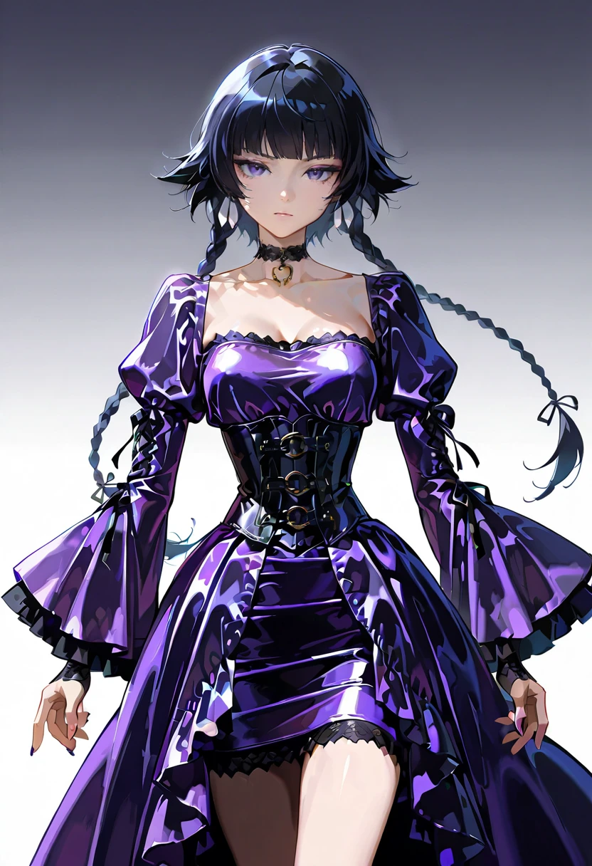 chrushed velvet dress,wide sleeves, purple dress, choker, corset,1girl,solo, sui-feng