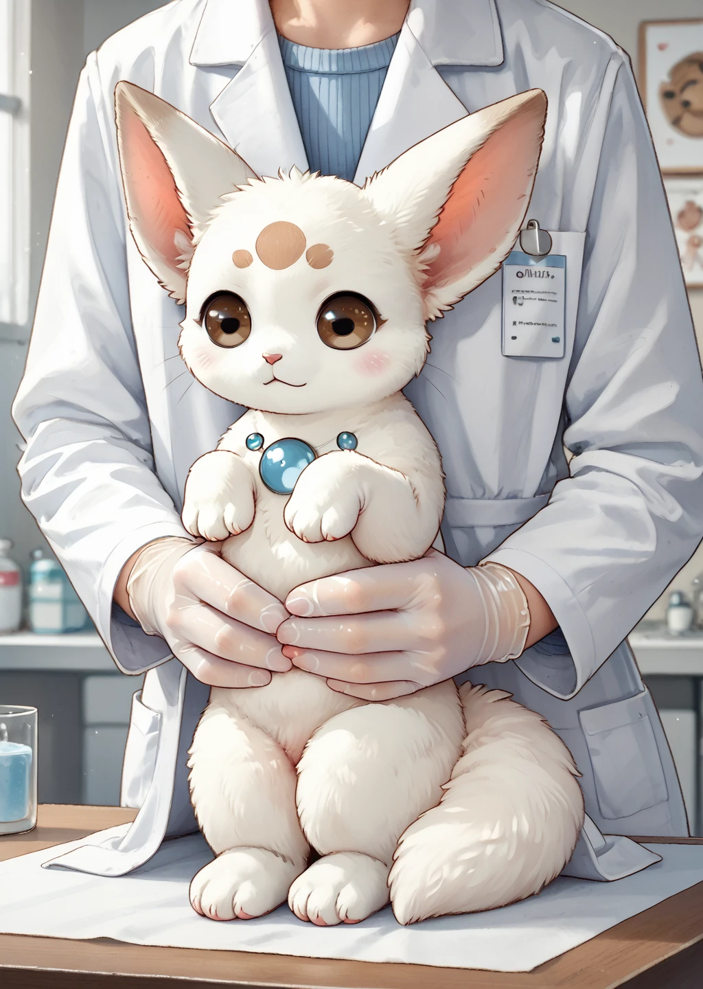 score_9, score_8_up, score_7_up, score_6_up, score_5_up, score_4_up, sfw, detailed, (vetcheck, human, 1girl, veterinarian, lab coat, rubber gloves, inspection, hands, holding animal, animal focus, inspection table:1.2), cute female furry feral (puremukit:1.4), cat, white fur, blue details, brown eyes, fox tail, source_furry  <lora:Philikkahn [Pony]_epoch_12:0.85> philikkahn, feral, chest gem <lora:Veterinarian_inspection:0.7>