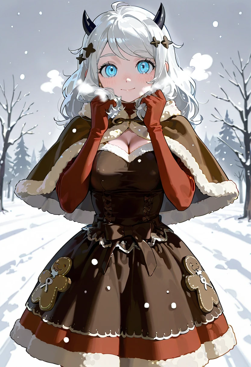 winter spice dress,brown capelet,1girl,solo,snow,snowing,modeus_(helltaker)