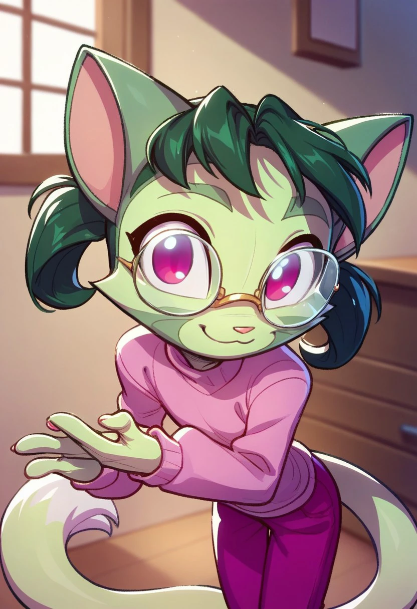 score_9, score_8_up, score_7_up, 1girl, furry, cat ears, green skin, green hair, short twintails, pink eyes, glasses, pink sweater, pink pants, tail, closed mouth, room, long sleeves, looking at viewer, smile, solo, bull body, above view