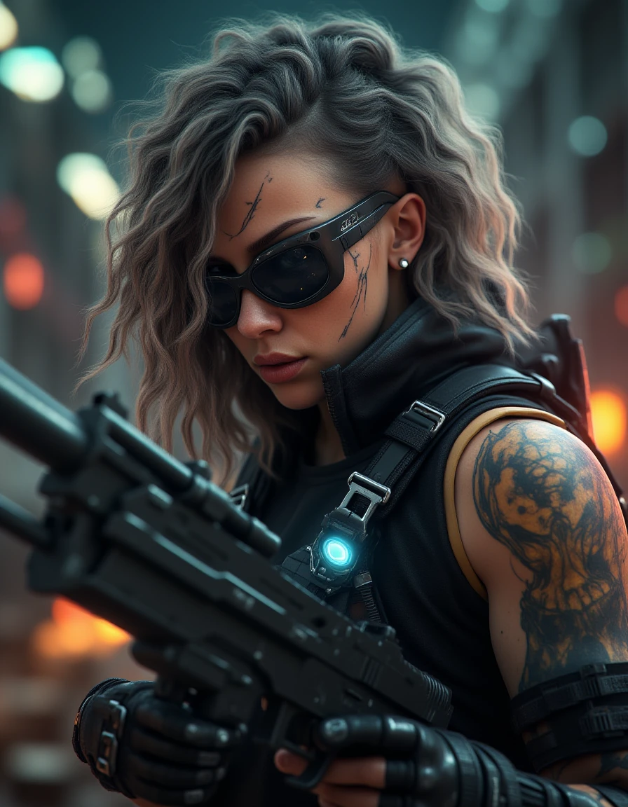 <lora:cyberpunk_512_dev_f1_k:1> a cyber punk scene from a movie, gun man, tattoo, fight