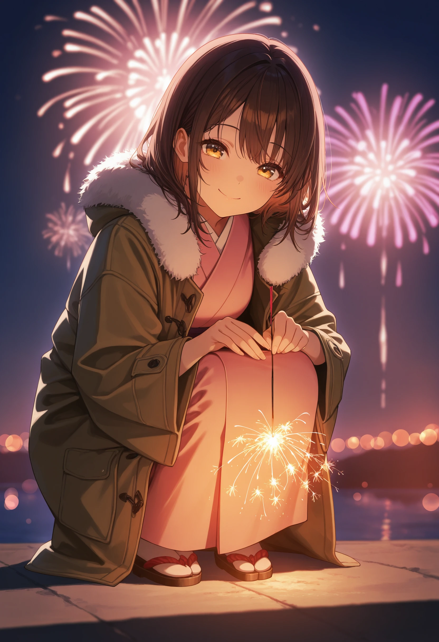 masterpiece, best quality, absurdres, safe
1girl, senkou hanabi, holding fireworks, sparkler, squatting, smile, night, aerial fireworks, backlighting, bokeh, kimono, fur trim, coat
<lora:senkou_hanabi_il_d16:1>