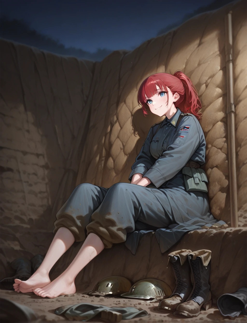 masterpiece,best quality,higres illustration,detailed face,1girl,<lora:trenchwarfare_IL:1>,trench warfare,upper body,red ponytail,smile,night,bangs,sitting,removed boots,barefoot,