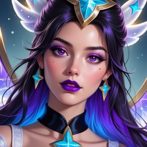 otherworldly appearance. Her skin is a smooth, dark purple lipstick that complements her outfit. She has two-toned hair, youthful face with a delicate jawline, photorealistic CGI artwork featuring a young PSG Syndra with an ethereal, expressive purple eyes with a hint of a star-like glow, celestial appearance. Her eyes are striking, This is a digital illustration of a fantastical, black and turquoise hair