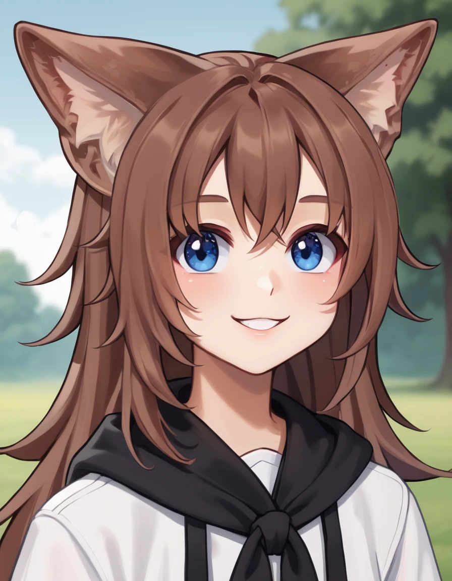 outdoors,
headshot,smile,parted lips,
<lora:Fika_v01_PDXL:1>,Fika,1girl,solo,dog girl,brown hair,very long hair,blue eyes,dog ears,animal ear fluff,dog tail