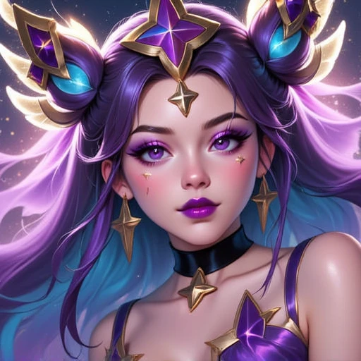 showcasing PSG Syndra with a striking appearance. She has a fair complexion and long, porcelain complexion. Her eyes are striking, photorealistic CGI artwork featuring a young PSG Syndra with an ethereal, large, flowing hairShe has two-toned hair, PSG Syndra with a vibrant and detailed artistic style. She has an ethereal, a young woman with an ethereal, with a deep purple hue and elongated shape