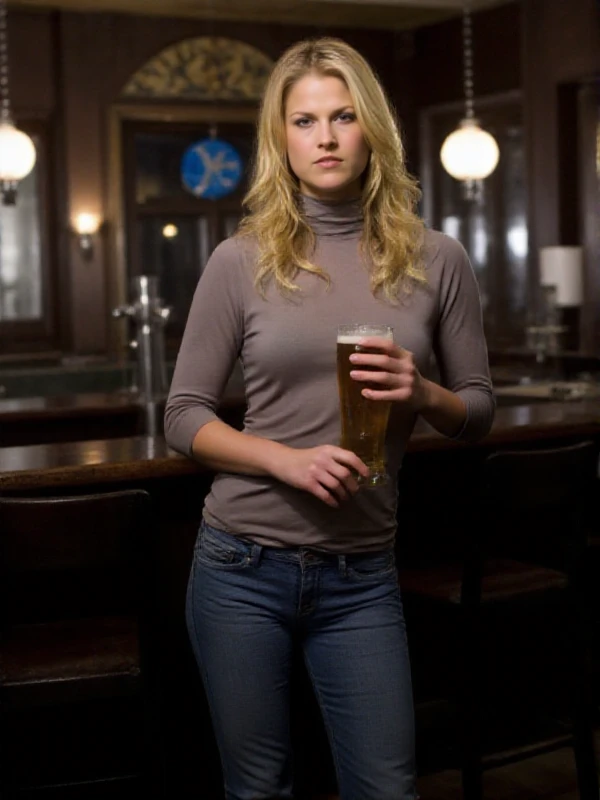 <lora:Niki Sanders:0.9> niki sanders, a blond woman. She wears a turtleneck and tight jeans. She holds a beer in a pub