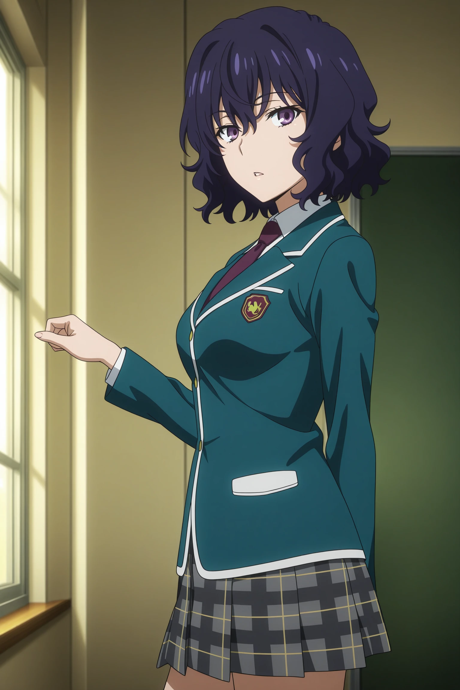 masterpiece, best quality, amazing quality, highres, absurdres, very aesthetic, high resolution, ultra detailed, perfect details, 1girl, solo, indoors, medium breasts, nunotaba shinobu, short hair, wavy hair, purple hair, hair between eyes, purple eyes, school uniform, long sleeves, blazer, green jacket, white shirt, collared shirt, purple necktie, grey skirt, plaid skirt, pleated skirt, black kneehighs, loafers, <lora:Shinobu_Nunotaba_ILXL:0.8>, (aged up:1.2), (cowboy shot:1.5), looking at viewer, anime coloring, anime screencap, (pose:1.5), expressionless, from side, parted lips