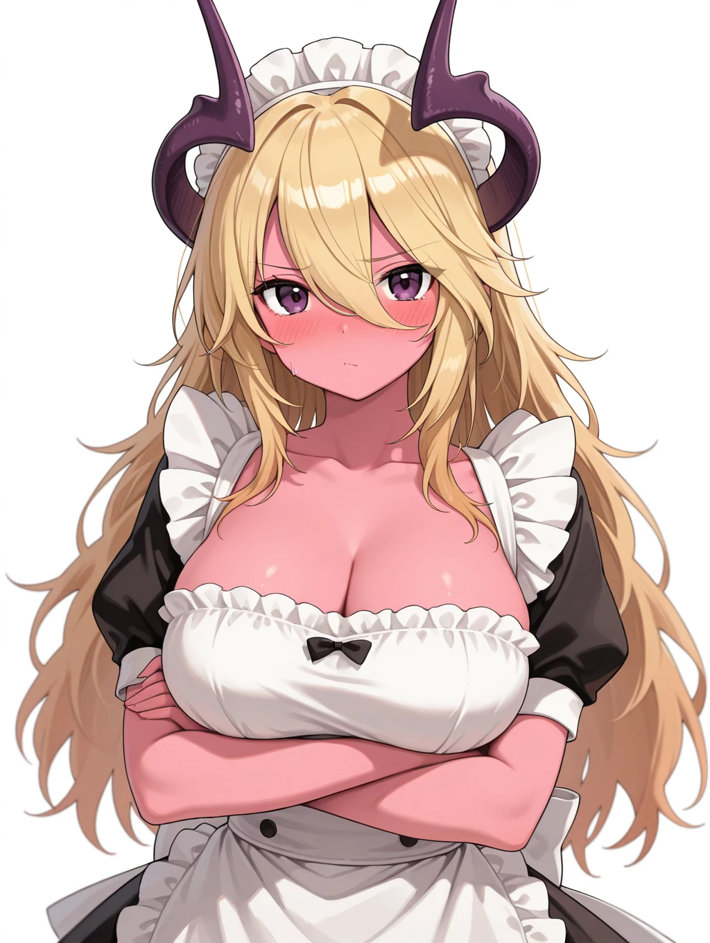 beth, 1girl, solo, long hair, looking at viewer, blush, blonde hair, large breasts, simple background, white background, dress, cleavage, hair between eyes, purple eyes, collarbone, short sleeves, frills, horns, apron, maid, maid headdress, colored skin, crossed arms, enmaided, purple skin


masterpiece, best quality,amazing quality, very aesthetic, absurdres, depth of field, blurry background, extremely detailed face, detailed eyes