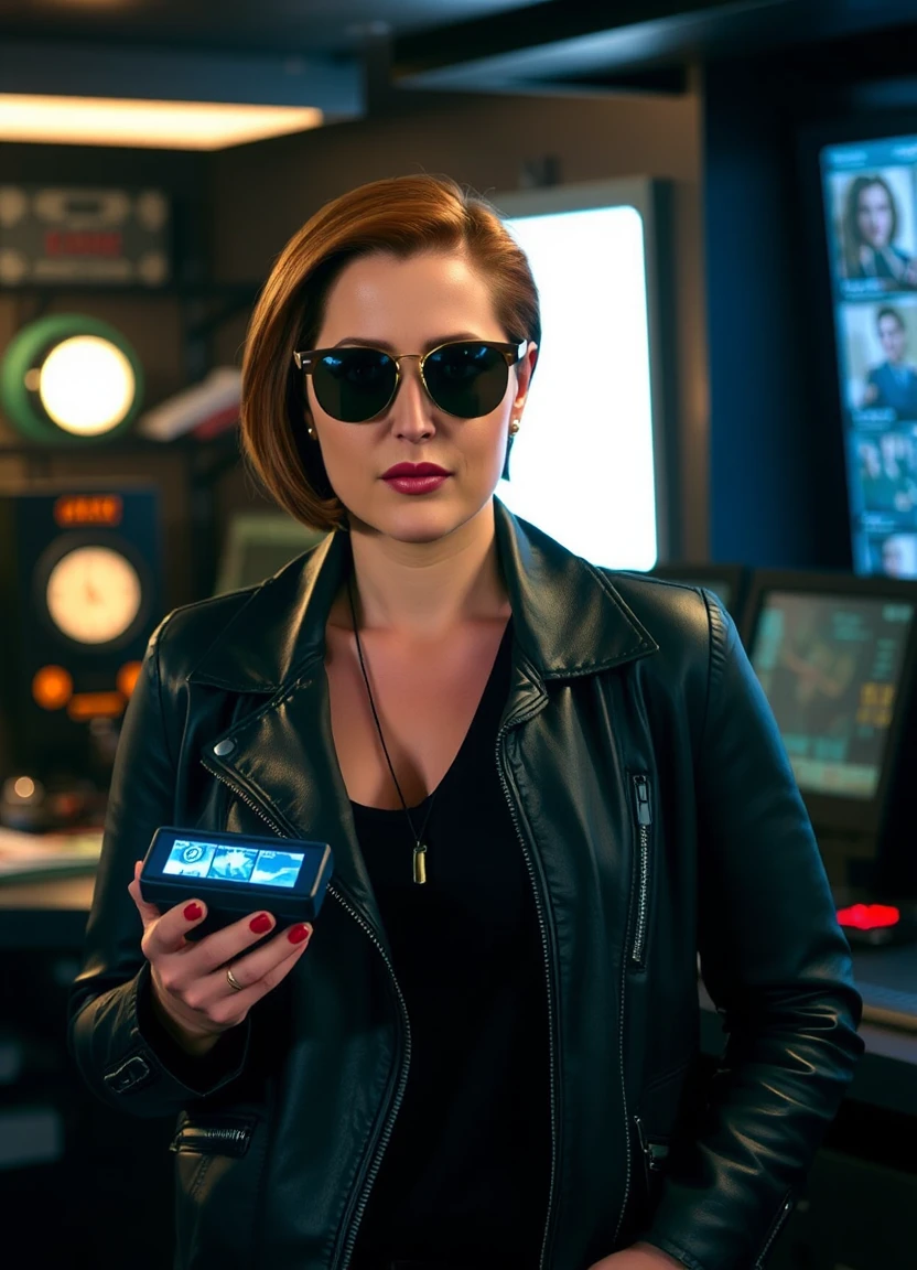 A confident agentscully in a black leather jacket and sunglasses, holding a small gadget emitting holographic displays, standing in a dimly lit, high-tech control room.