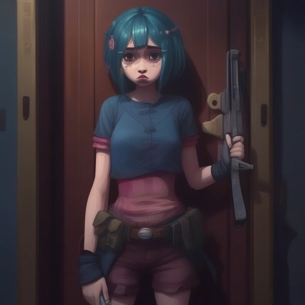 sad, girl, closed mouth, open mouth, holding weapon, holding, hands on hips, hair ornament, full body, open door, parted lips