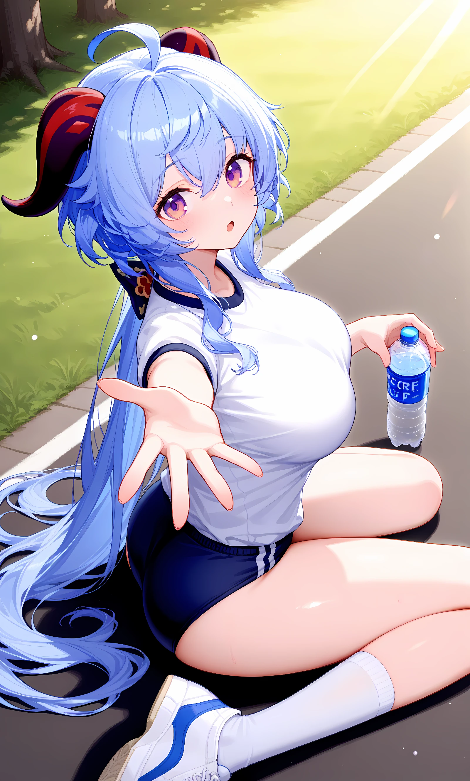 score_9, score_8_up, score_7_up, source_anime, 1girl, solo, outdoors, park, road, cowboy shot, shiny skin, looking at viewer, blue_hair, ganyu, ahoge, purple_eyes, goat_horns, sidelocks, very_long_hair, white shirt, short sleeves, gym uniform, buruma, white socks, white sneakers, from side, from above, wariza, :o, reaching out, holding water bottle