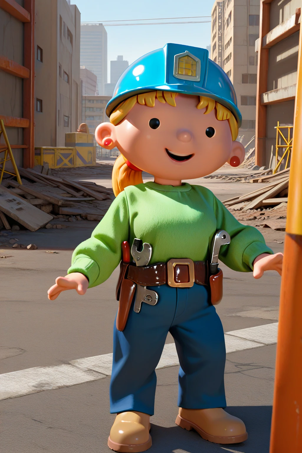 masterpiece, best quality, amazing quality, absurdres, solo, wendythebuilder, smile, open mouth, looking at viewer, dot eyes, blue hard hat, blonde hair, ponytail, green sweater, blue pants, tool belt, tools, light brown shoes, outdoors, city, construction site, scaffolding