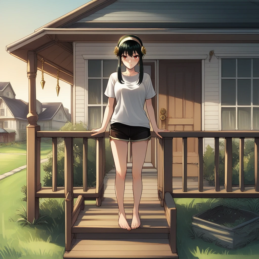 zPDXL2,score_9, score_8_up, score_7_up, score_6_up, score_5_up, score_4_up, source_anime,  <lora:Front_Porch:0.7> p0rch, outdoors, house, deck, grass, 1girl, looking at viewer, leaning on railing, shorts, t-shirt, daytime, yor_briar