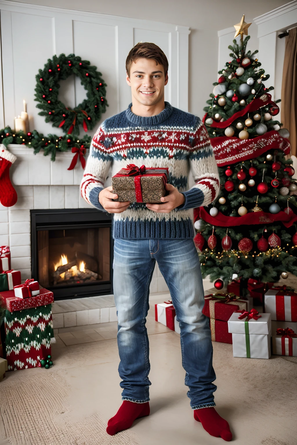 Christmas tree, fireplace, standing, holding wrapped Christmas present, smiling, HunterPage, christmassweater, denim blue jeans, wool socks, slippers, (male focus), (full body portrait), (wide angle), (adult male)  <lora:HunterPage:0.8> <lora:world_christmassweater:0.8>