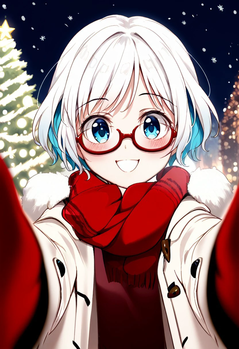 score_9, score_8_up, score_7_up, score_6_up, score_5_up, score_4_up, Shiroumi Kana, 1 girl, aquamarine hair, (blue eyes: 1.1), fins, red-framed glasses, short white hair, small breasts, <lora:pov-cheek-warming-ponyxl-lora-nochekaiser:1>, pov cheek warming, pov cheek warming (meme), winter gloves, duffel coat, fur-trimmed scarf, winter clothes, red mittens, meme, winter coat, red scarf, fur-trimmed coat, reaching towards viewer, reaching, mittens, fur-trimmed hood, white coat, open coat, scarf, coat, red gloves, snowing, pov, fur trim, depth of field, smile, blush,, christmas, christmas tree, christmas lights,, , dutch angle, cowboy shot