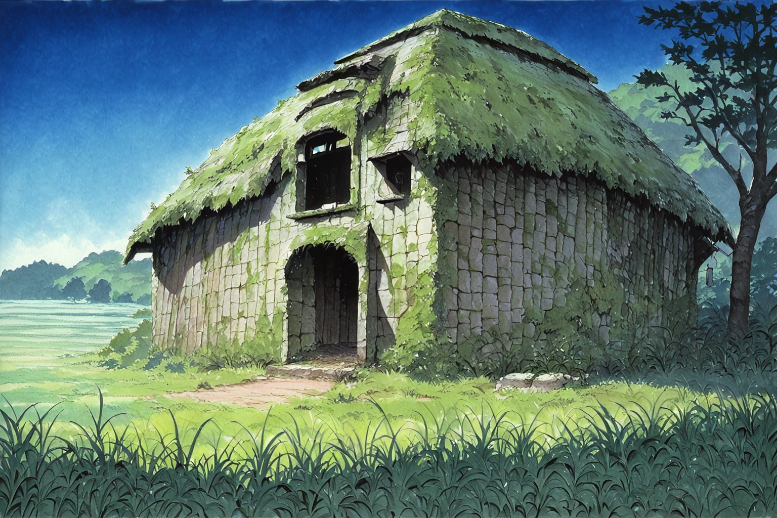 <lora:ghibli_landscapes:1>ghibli landscapes, scenery, outdoors, no humans, tree, grass, traditional media, blue sky, cottage, ruins covered in moss, , source_anime, score_9_up, score_7_up, score_8_up