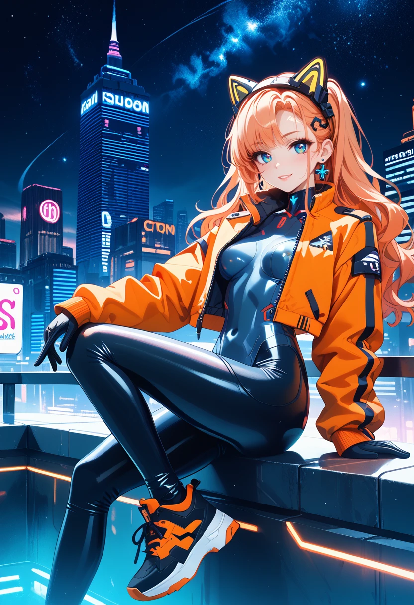 masterpiece,best quality, highly detailed, score_9, score_8_up, score_7_up, score_6_up, 
1girl, sk997cos_bodysuit, sk01 jacket, sk02 sneakers,
orange jacket,
slender body,
ombre hair,
wavy hair ,
 eye contact, perfect eyes,
Seated on a velvet ottoman, she cradles a delicate porcelain doll, lost in her own whimsical world ,
seductive smile,
black gloves, 
cyberpunk city ,black sky,clear night sky,starry night,mist,architecture, neon lights, ,
 <lora:997sk cosplay PonyV3:0.8>