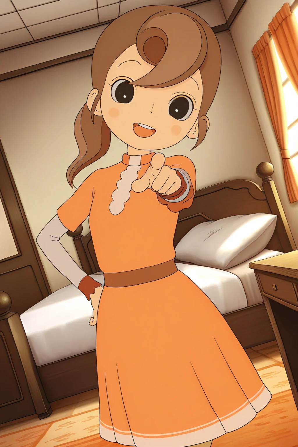 masterpiece, best quality, amazing quality, absurdres, solo, florareinhold, smile, open mouth, pointing at viewer, hand on own hip, dutch angle, looking at viewer, brown hair, black eyes, orange dress, indoors, desk, bed, room