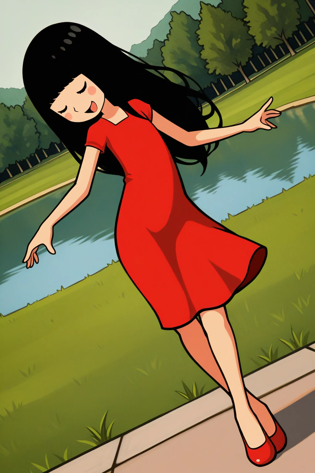 masterpiece, best quality, amazing quality, absurdres, solo, rhythmfevergirl, smile, dancing, open mouth, dutch angle, closed eyes, black hair, long hair, red dress, dot eyes, blush stickers, outdoors, park, lake, grass, stage