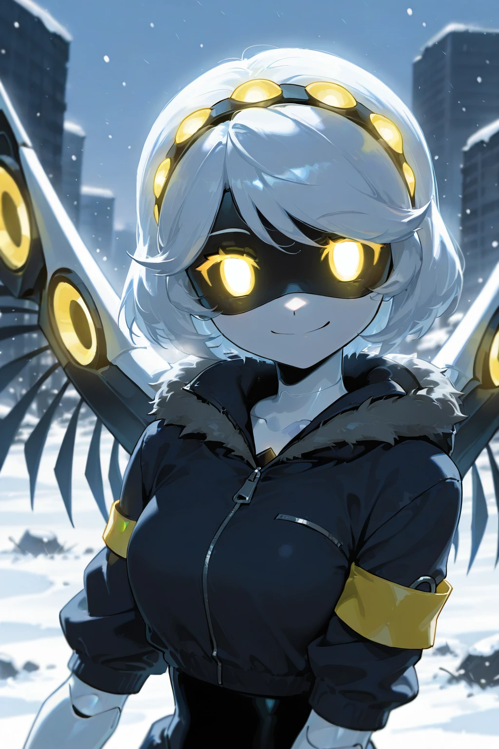 (masterpiece, high quality, highly detailed, best quality),
SD-V, 1girl, solo, robot girl, humanoid robot, robot joints, hairband, short white hair, yellow eyes, solid circle pupils, smile, looking at viewer, fur-trimmed black jacket, armband, mechanical wings, BREAK, upper body, outdoors, snow, snowing, winter, night, destroyed city, ruins,
(masterpiece, high quality, highly detailed, best quality)