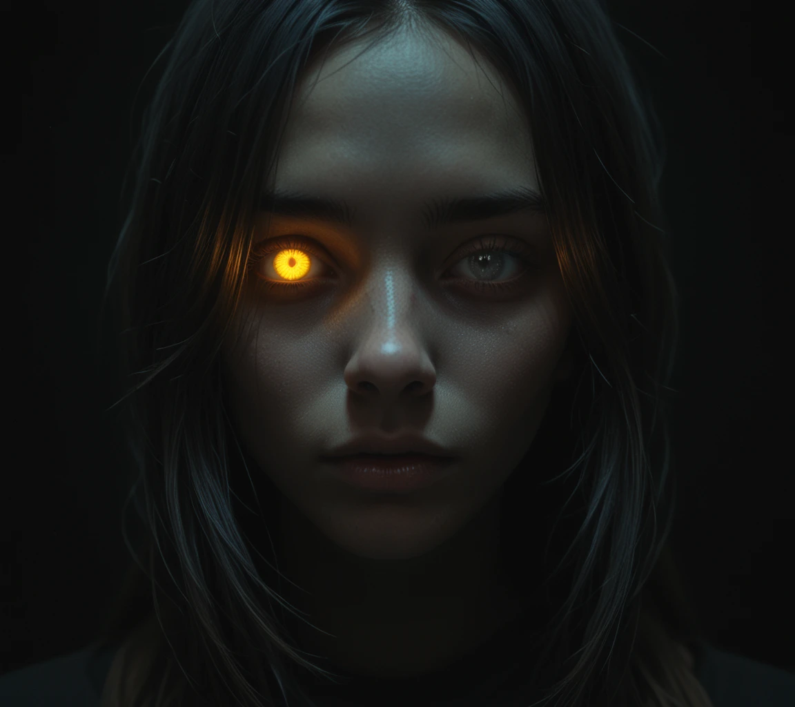 make-up, black background, darkness, dark room, concept art, pitch black, night, 1girl, in shadows, one glowing eye, one eye closed, face close up, shadow face, hair over face, illuminated, reflections, yellow, score_9, score_8_up, score_7_up, score_6_up, score_5_up, score_4_up, 