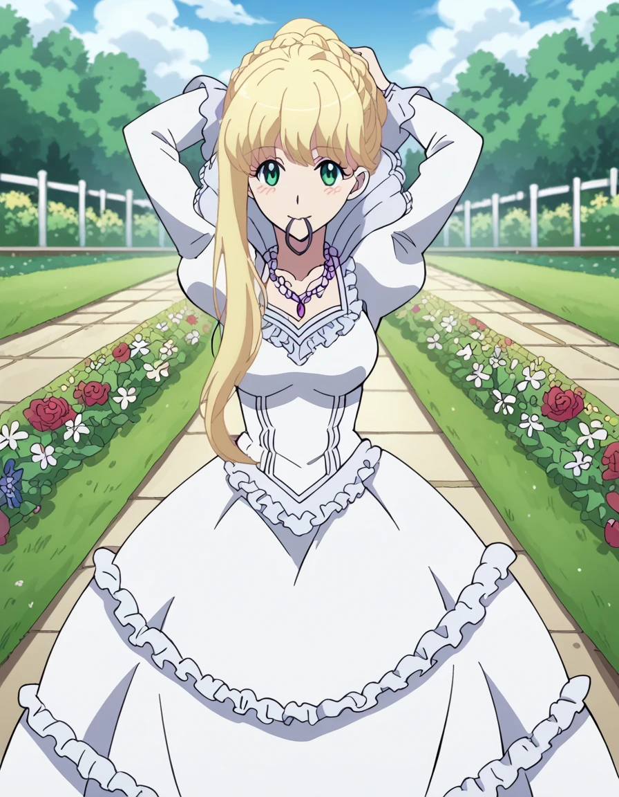 score_9, score_8_up, score_7_up, source_anime, <lora:asseylum-vers-allusia-s1-ponyxl-lora-nochekaiser:1>, asseylum vers allusia, long hair, blonde hair, green eyes, braid, medium breasts, anime screencap,, dress, jewelry, necklace, white dress, frills, puffy sleeves, frilled skirt,, garden, flowers, path, plants, tranquil, smile, <lora:hair-tie-in-mouth-ponyxl-lora-nochekaiser:1>, hair tie in mouth, hair tie, mouth hold, rubber band, blush, tying hair, adjusting hair, hands in hair, arms up, arms behind head, ponytail, hand in own hair, hair lift, cowboy shot, looking at viewer, looking at viewer, solo,, dutch angle, cowboy shot