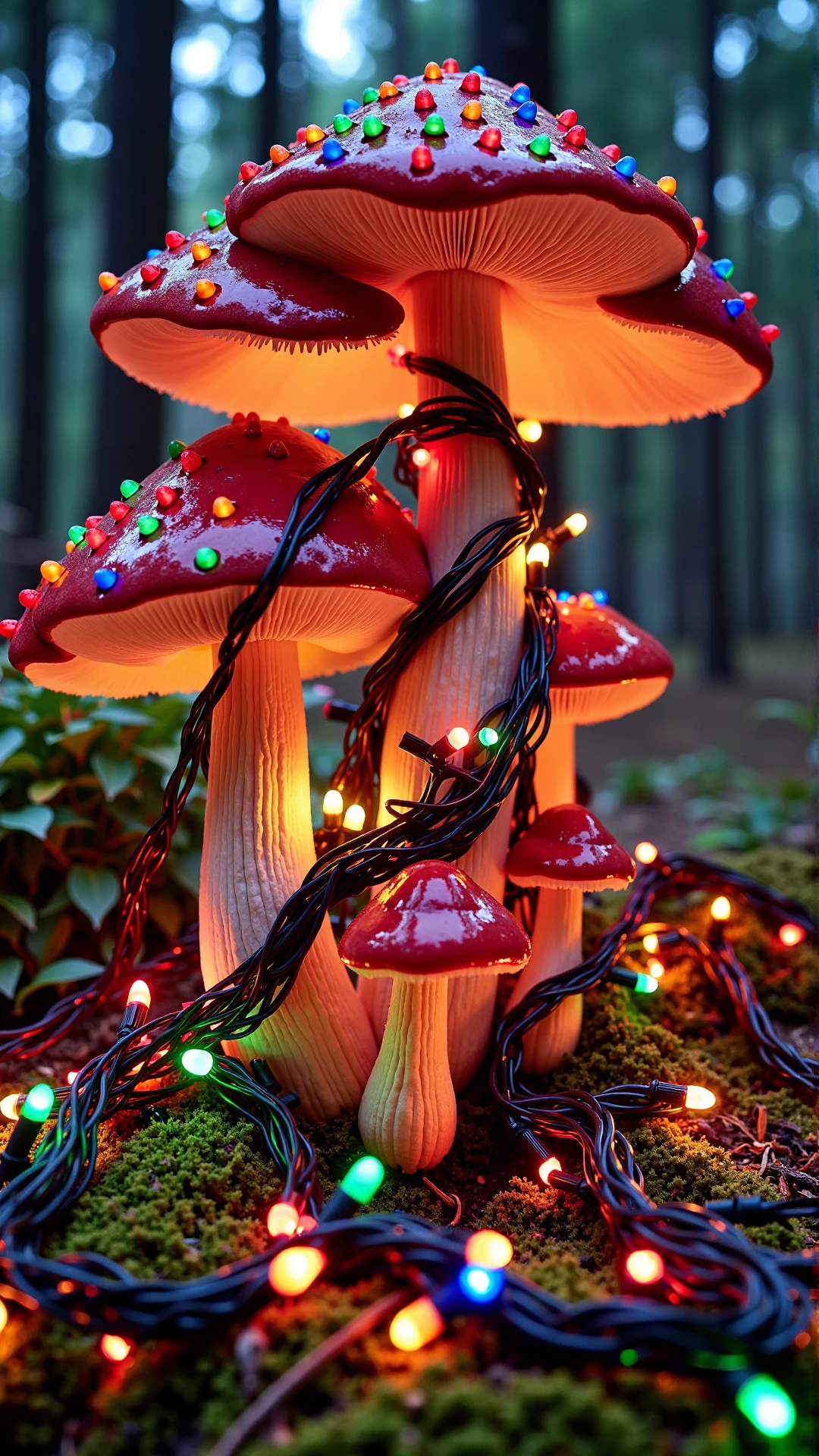 A photo of a ChristmasLightsStyle colorful fungi attracting insects in a moist shade garden. Covered in Ruby christmas lights, tangled wires all wrapped up
<lora:ChristmasLightsStyleFlux:0.8>