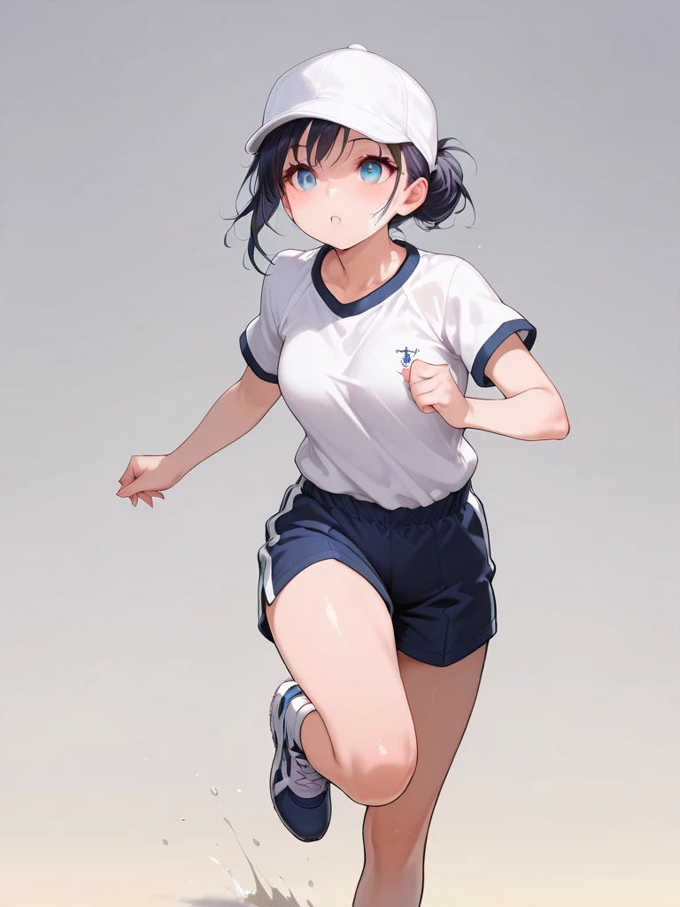 masterpiece,amazing quality,best quality,ultra-detailed,8K,illustration,CG,shiny hair,clear skin,ultra-detailed-eyes,simple background,cute girl, eyelashes <lora:taisoufuku_illustrious_V1.0:1>jyojifuku, white shirt,  short sleeves, shorts, gym uniform,white baseball cap,running