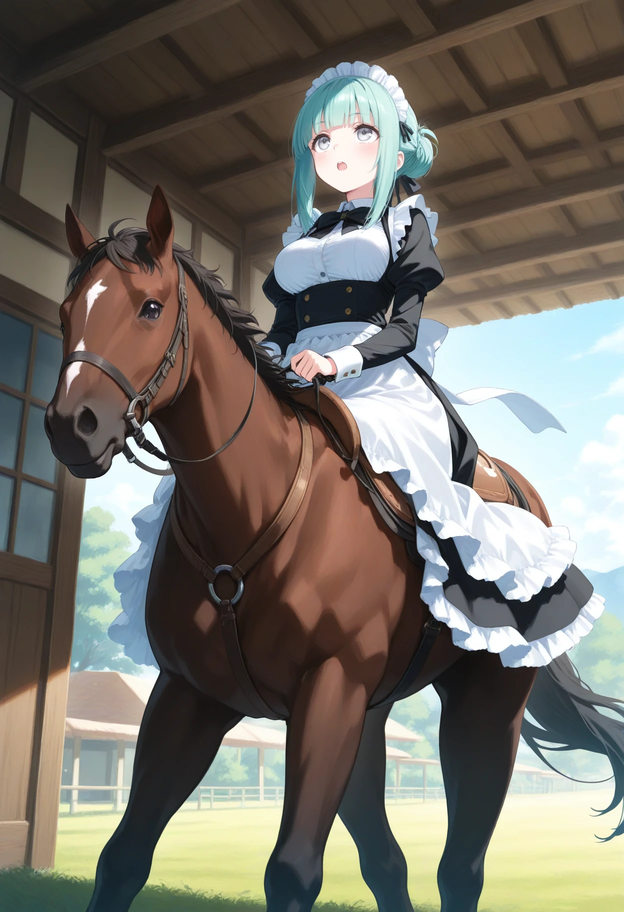 1girl,(sho \(sho lwlw\):0.7),(toosaka asagi:0.5),(sincos:0.3),solo,
masterpiece, best quality, newest, absurdres, CG, anime, source anime, illustration,
maid, maid headdress,medium breasts,
do deuce, 1boy, horse, riding, grass, outdoors, day, saddle, reins,  <lora:dodeuce_Illust_v1:0.8>
ceiling, feet out of frame, looking up, aqua hair, silver eyes,thinking, open mouth, hime cut hair,