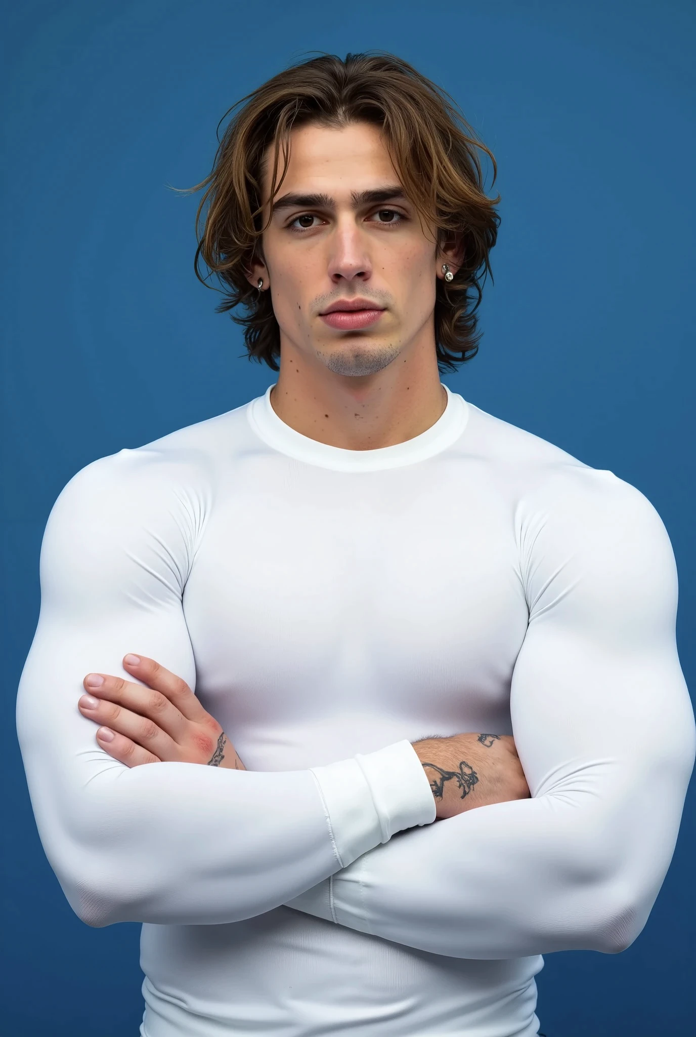 Vinnie Hacker. The image is a high-resolution photograph of Vinnie Hacker with medium-length, wavy brown hair that falls slightly over his forehead. He has a strong, angular jawline and a serious expression. He is standing against a solid blue background. He has a light complexion and expressive eyes. He is wearing a fitted white compression shirt, the fabric is very tight against his muscled arms and chest. The sleeves of the shirt hug his biceps tight.