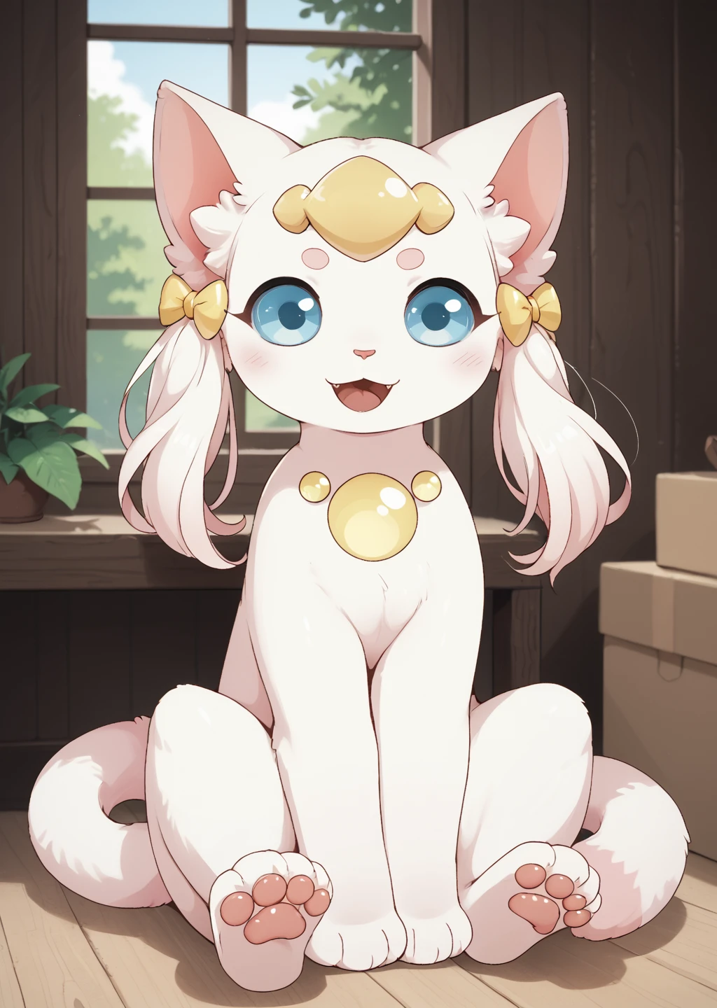 score_9, score_8_up, score_7_up, score_6_up, score_5_up, score_4_up, sfw, detailed, full body, cute female furry feral (remikyuki:1.4), cat, white fur, yellow details, blue eyes, cat tail, solo, sitting, front view, raised paw, greeting, smiling, open mouth, nature background, source_furry  <lora:Philikkahn [Pony]_epoch_12:0.85> philikkahn, feral, chest gem