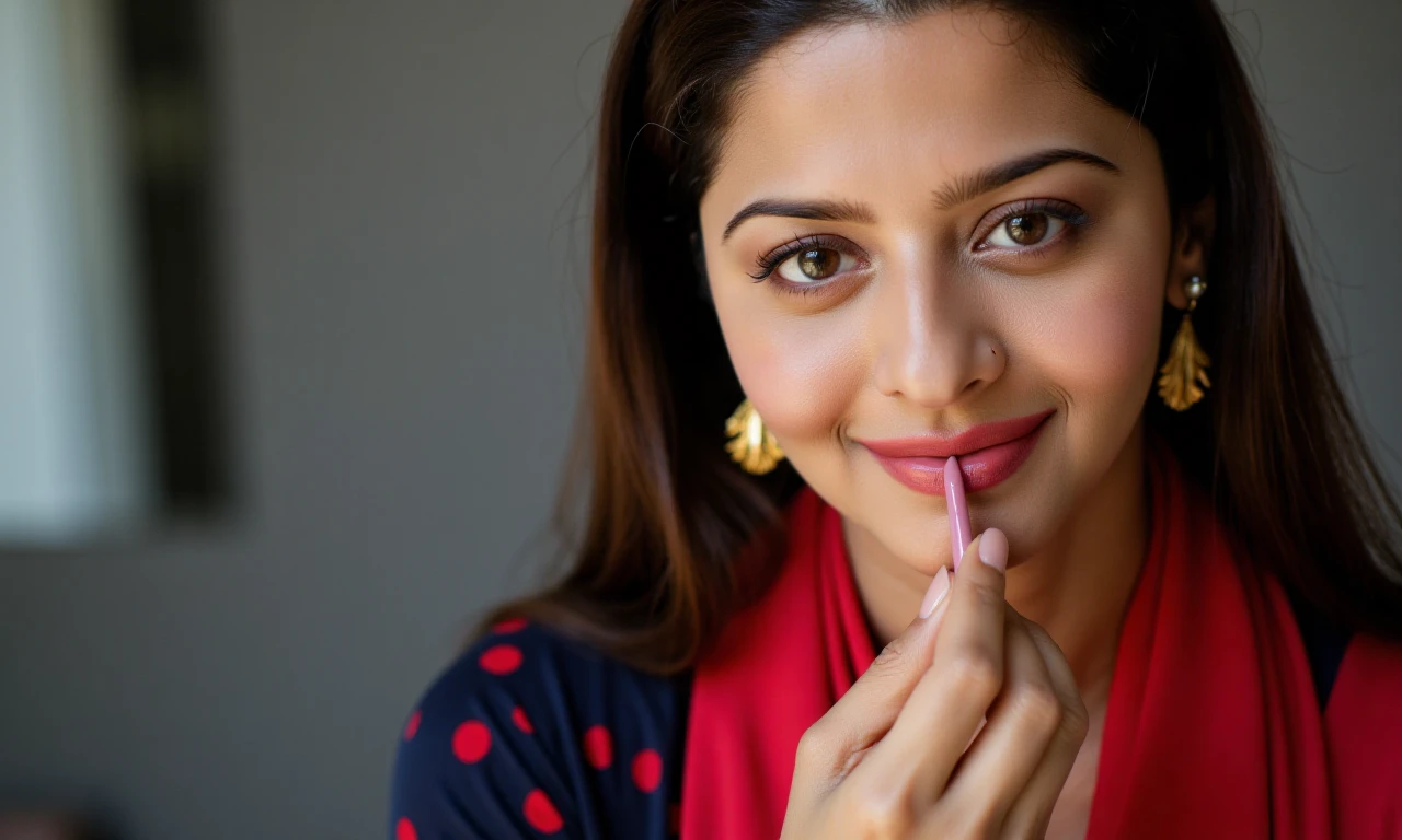 Close-up portrait of vedhikakuukohwx applying lipstick.  Medium shot, slightly angled, shows her applying lipstick to her lips.  The woman's expression is gentle and contemplative, with a soft smile.  She has long, dark brown hair worn down, and subtle makeup.  She is wearing a dark navy blue or black top with small, evenly distributed red polka dots. A bright crimson red scarf is draped around her shoulders.  Gold, delicate, leaf-like earrings are visible on her ears. A nose ring is also noticeable on her nose. The lipstick being applied is a light, pinkish-red tone.  The lighting is soft and diffused, casting no harsh shadows, highlighting her face and gentle emotional expression.  A subtly blurred mirror-like background in a dark neutral tone creates a soft contrast to the subject.  The pose is straightforward and natural, conveying a momentary action rather than a posed action.  The texture of the fabrics show slight sheen and a soft touch. The image evokes a quiet, intimate moment, focusing on subtle beauty and personal grooming. Realisic style.  Natural light.  Contemporary.


