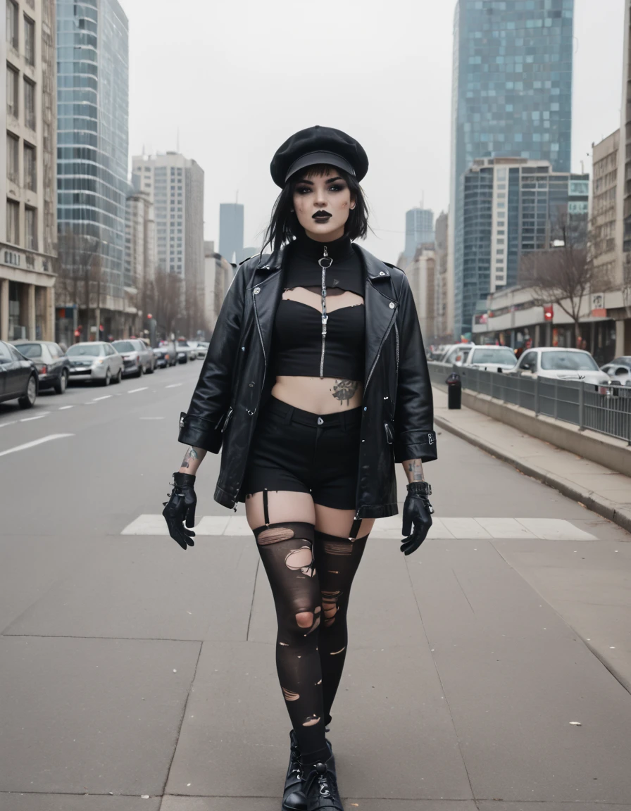 black jacket,  gloves, black hair, piercing, city, black headwear,  black lips, ripped black stockings,  <lora:Emo_-_Emolator:1>