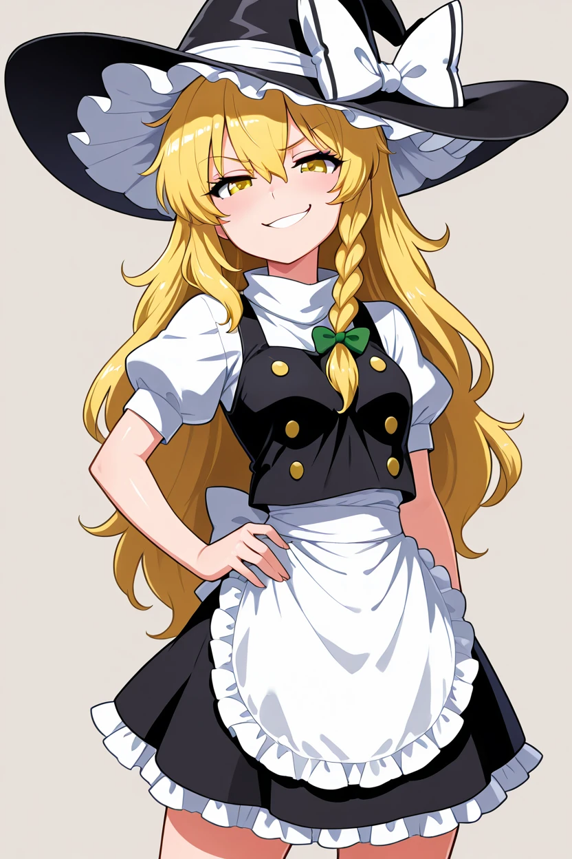 masterpiece, best quality, 1girl, solo, 21 year old model, eyelashes, (beautiful eyes), <lora:KirisameMarisaTouhouIXL:1.0>, zzMarisa, yellow eyes, hair between eyes, blonde hair, hair bow, long hair, very long hair, single braid, bow, braid,  hat, witch hat, waist apron, short sleeves, black headwear, puffy sleeves, puffy short sleeves, hat bow, apron cowboy shot, hand on hip, smug, smile, looking at viewer, shiny skin,<lora:LandidzuStyleIXL:1.0>,