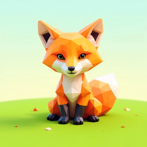 A playful low-poly fox sitting in a grassy field, its body composed of sharp triangles and polygons. Bright orange fur with white and black accents, minimalistic yet expressive eyes, and a geometric bushy tail. The field has a few low-poly flowers and small rocks scattered around