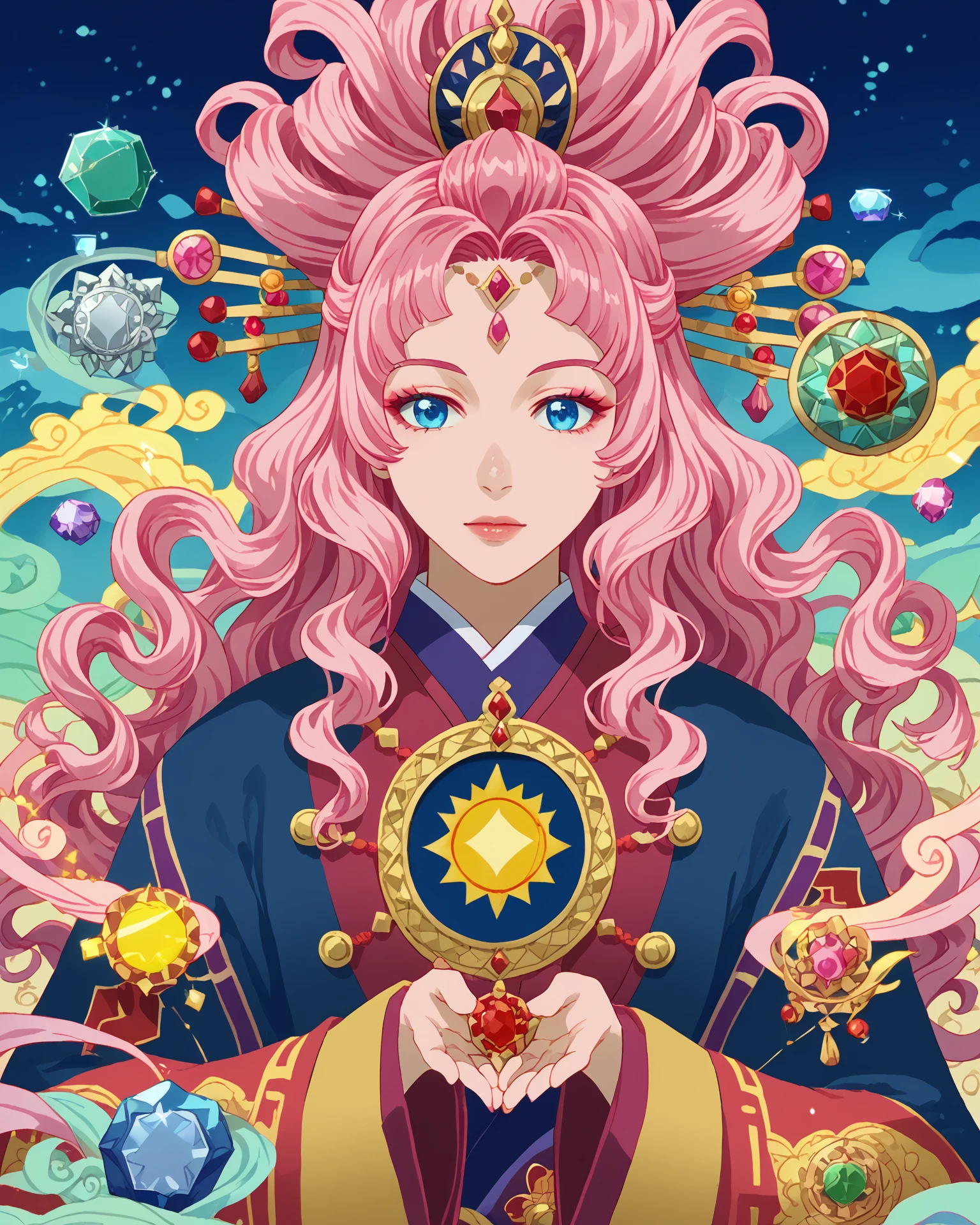 1girl, amateco, pink hair, wavy hair, updo, blue eyes, gemstones, gorgeous sky, ornate, masterpiece, highest quality, absurdres, digital art, score_9, score_8_up, score_7_up, <lora:AmaterasuCore_XL-000011:1.1>,  <lora:[pony]Sunagawa Tara:1> sunagawa tara